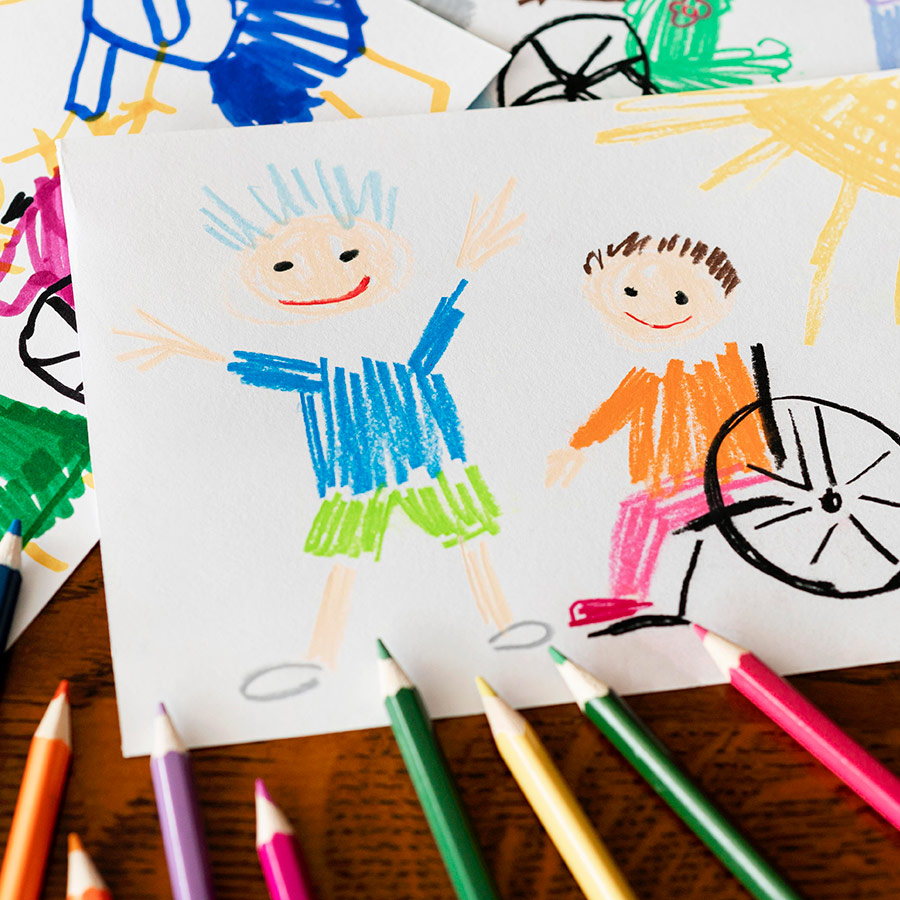 Drawing of child in a wheel chair and their friend